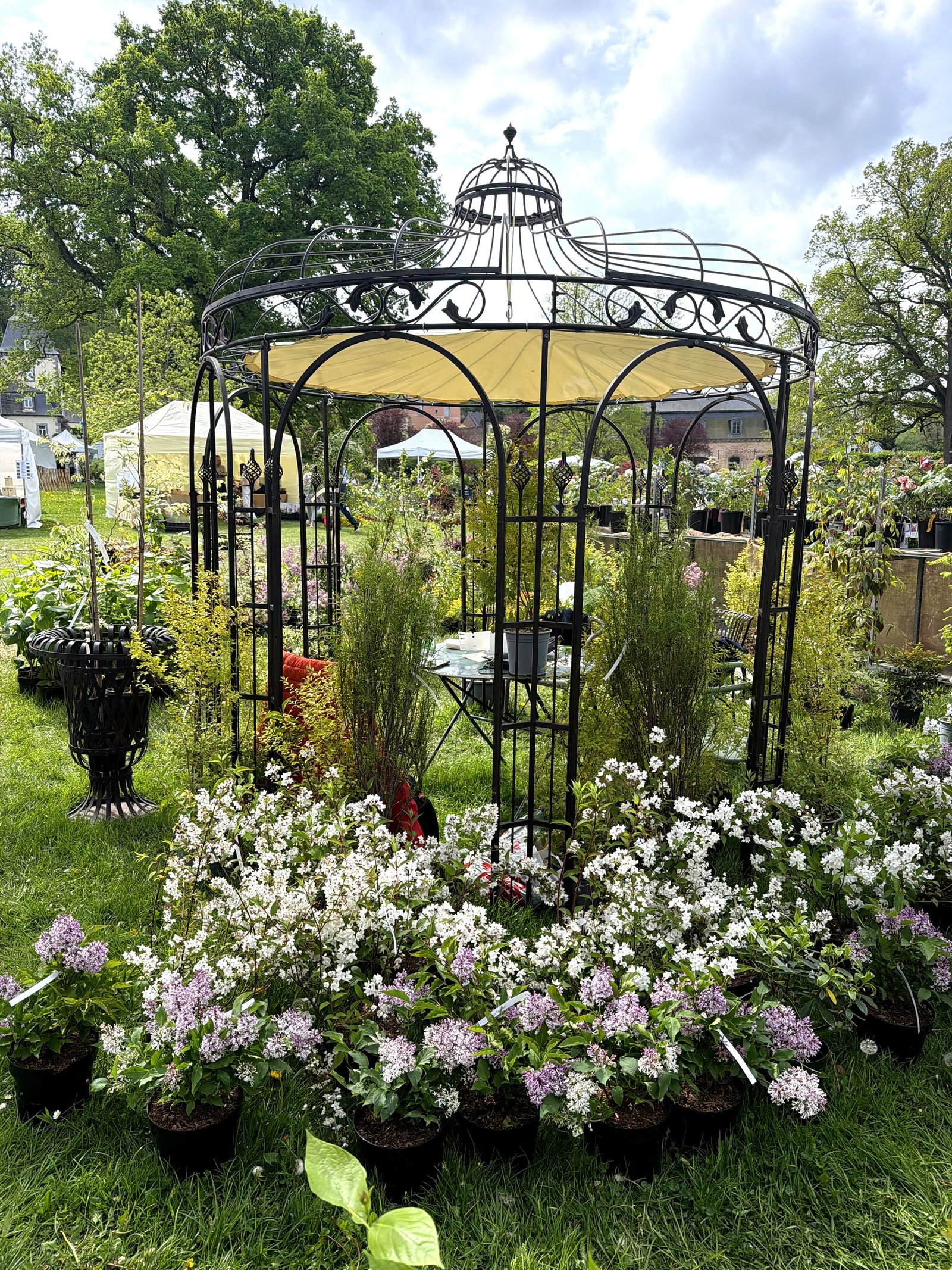 Gloriette en fer forgé vue de face dans un jardin fleuri